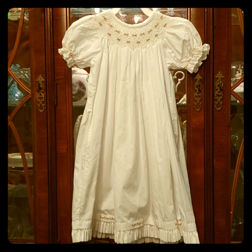 Smocked 3T White Dress with pink rose embroidery.